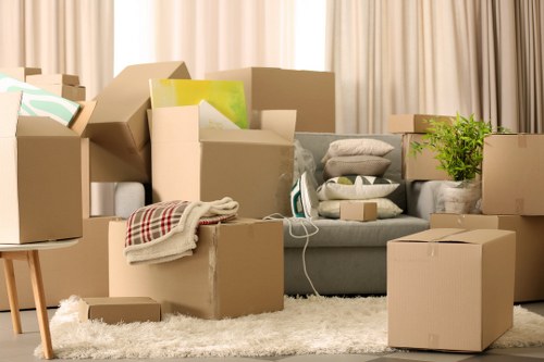 Professional movers carrying boxes from a Stepney home