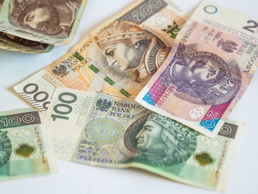 A close-up view of multiple Polish banknotes of varying denominations spread out on a white surface, including 100, 200, and 500 złoty notes, some overlapping each other. The banknotes feature detaile