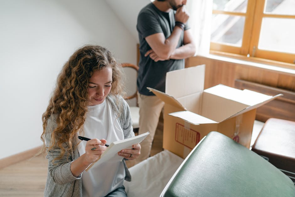 A young woman with curly hair is inside a room, sitting on a chair and writing on a clipboard or notepad, surrounded by packing materials and moving boxes. A large open cardboard box is nearby, indicating a packing and moving process as part of a home relocation. In the background, a man stands with crossed arms, observing the scene while near a window that allows natural light to illuminate the space. The room features wooden flooring and a wooden window frame, with blankets or padding possibly used to protect items during furniture transport. The overall setting appears to be an ongoing packing and moving operation, coordinated by Man With a Van Stepney, focusing on careful packing, loading, and transportation of household belongings.