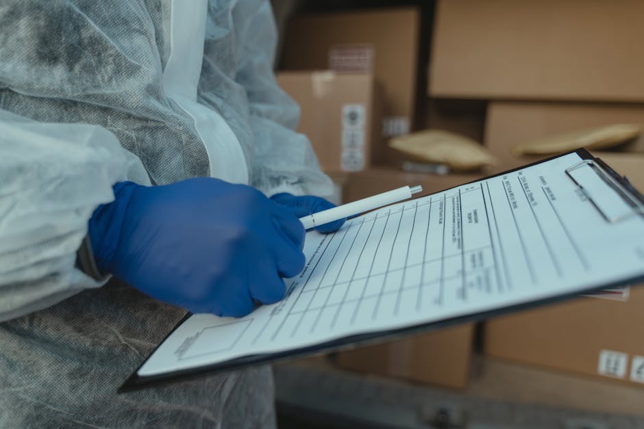 Close-up of a person wearing blue nitrile gloves and a protective disposable suit, holding a clipboard with a detailed inventory or packing list. The individual is using a white ballpoint pen to write or cross-reference items related to home relocation. The background shows a room with cardboard boxes, some sealed with tape and marked for moving, and a few wooden chairs stacked against the wall. The scene is illuminated with natural or ambient indoor lighting, capturing the organized and methodical process of packing and preparing for furniture transport, as handled by Man With a Van Stepney, a professional removals service. This image emphasizes the importance of careful planning and documentation during packing and loading stages of house removals, aligned with the context of avoiding quote confusion in removals pricing as discussed on the page.